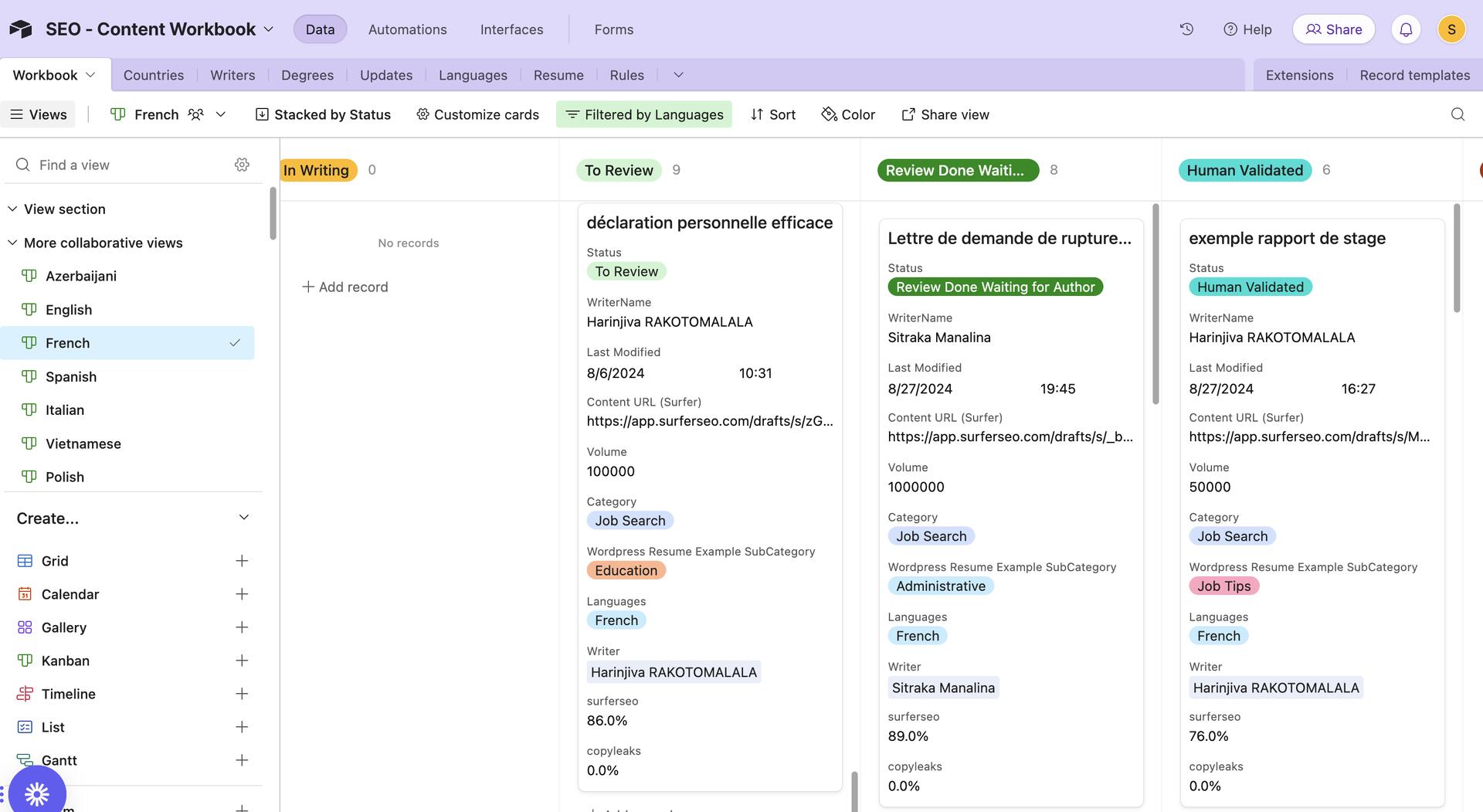 The Airtable workflow used to manage briefs, deadlines and approvals for Resume Examples writers
