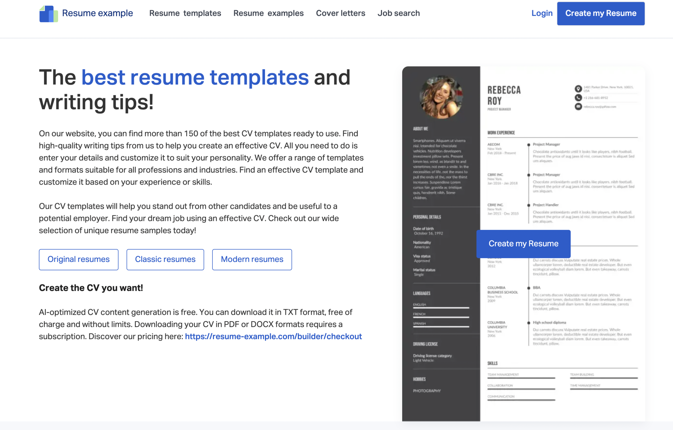 A Resume Examples landing page rebuilt for conversion