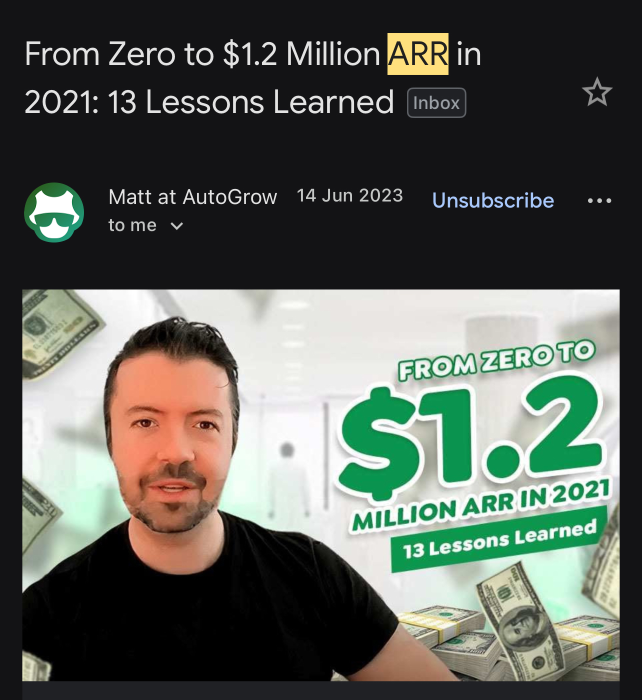 Email from AutoGrow founder Matt confirming the agency reached $1.2M ARR in 2022