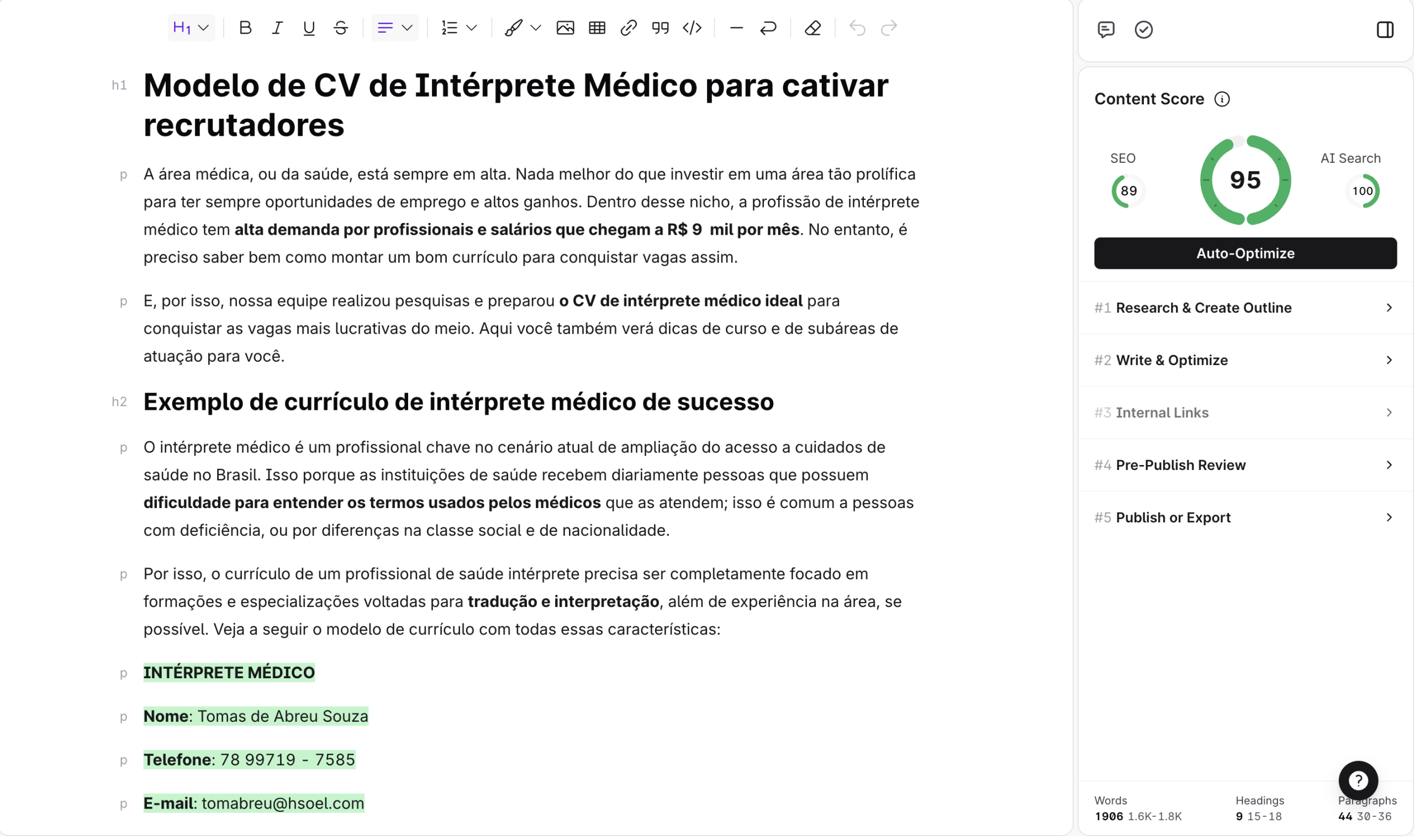 A Portuguese resume article in the SurferSEO editor with a content score of 95
