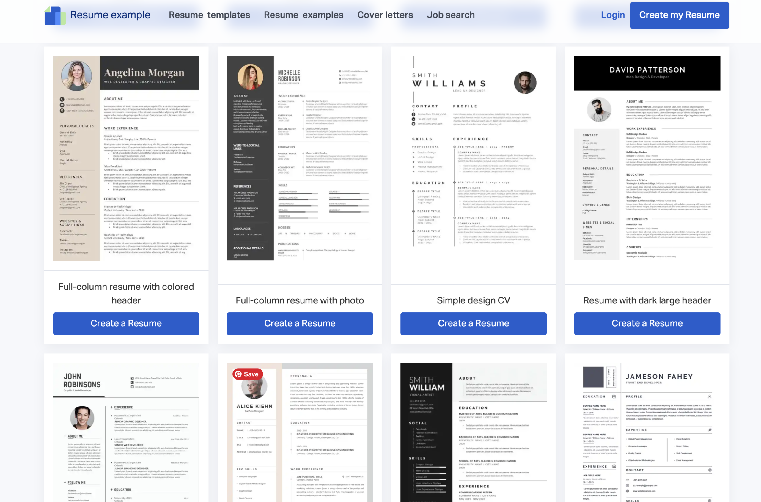 The Resume Examples template gallery with resume designs and Create a Resume buttons